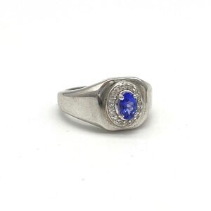 Vintage DJoy Mens Sterling Silver Oval Blue Tanzanite Ring with Accent Stones 9